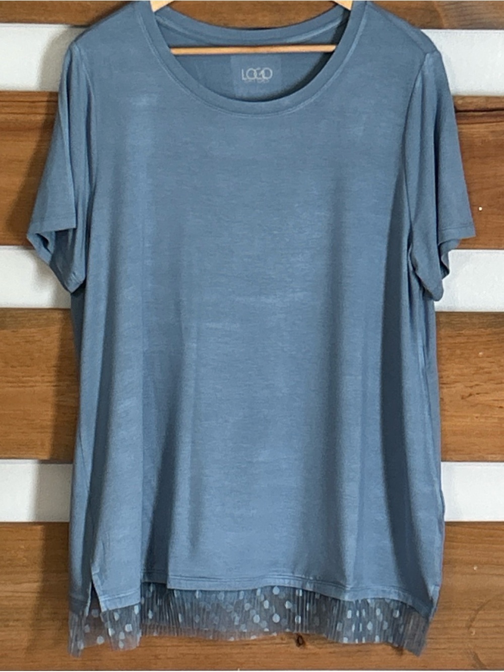 Logo Layers Carolina Blue Women's Size Large Short Sleeve Layered Tulle Blouse